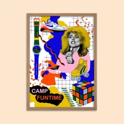 Mixed media illustration by Julia Praschma featuring a blonde singer, sneakers, watch, roller skate, and Rubik cube.