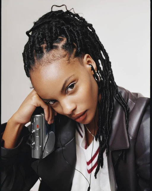 Portrait of a young Black woman with dreadlocks wearing a leather jacket, holding a digital camera, against a white background.