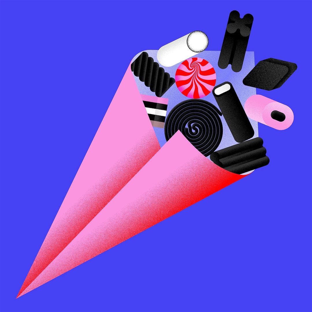 Digital illustration of a pink paper cone holding various assorted black licorice candies and a red striped peppermint candy against blue background.