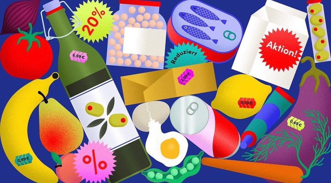 Colorful illustration of food items with sale stickers, including fruits, vegetables, canned goods, and a bottle, all on a blue backdrop.