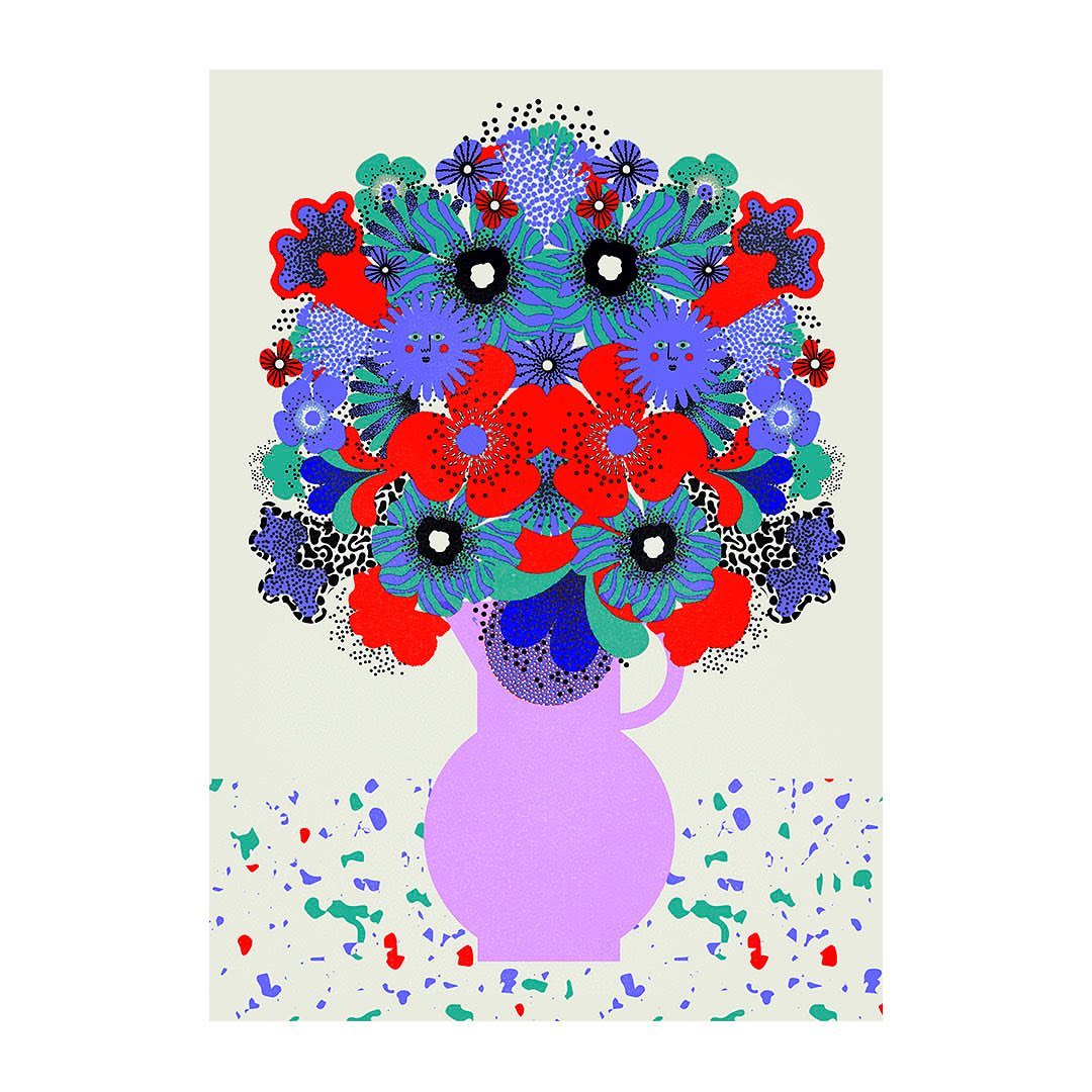Colorful floral illustration in a vase featuring red, blue, and purple flowers with black accents on a speckled table against a light background.