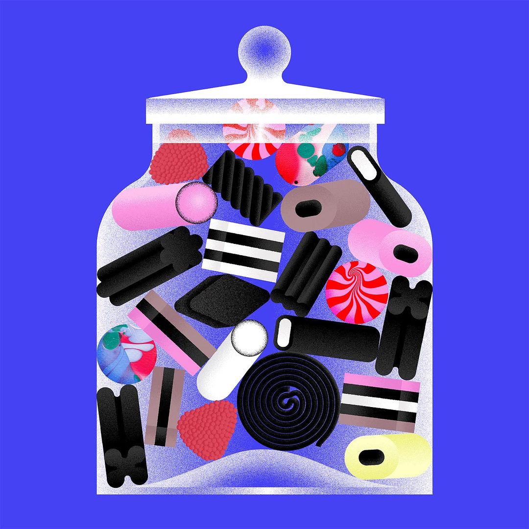 Illustration of a clear glass jar filled with a colorful variety of licorice candy against a solid violet background.