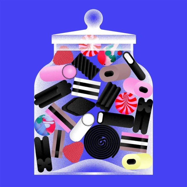 Illustration of a clear glass jar filled with a colorful variety of licorice candy against a solid violet background.