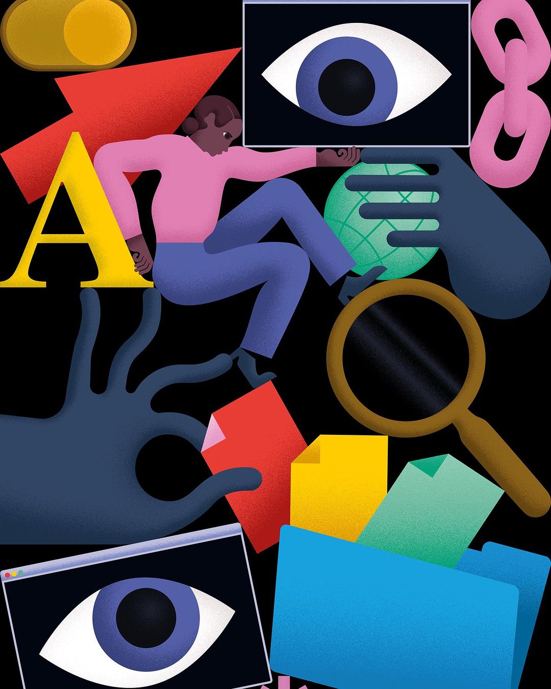 Abstract art with an illustration of a woman scaling a large letter A amid floating shapes, hands, and a digital eye on black.