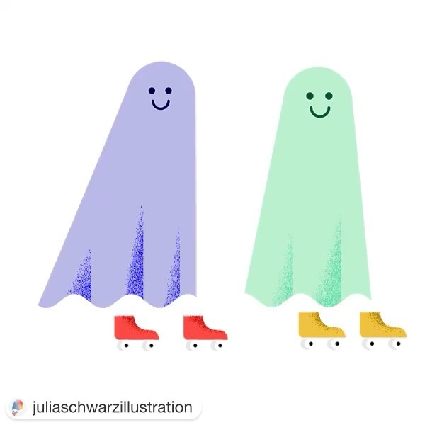Illustration of two figures in colorful roller skates and simple ghost costumes, against a white background with artistic texture.