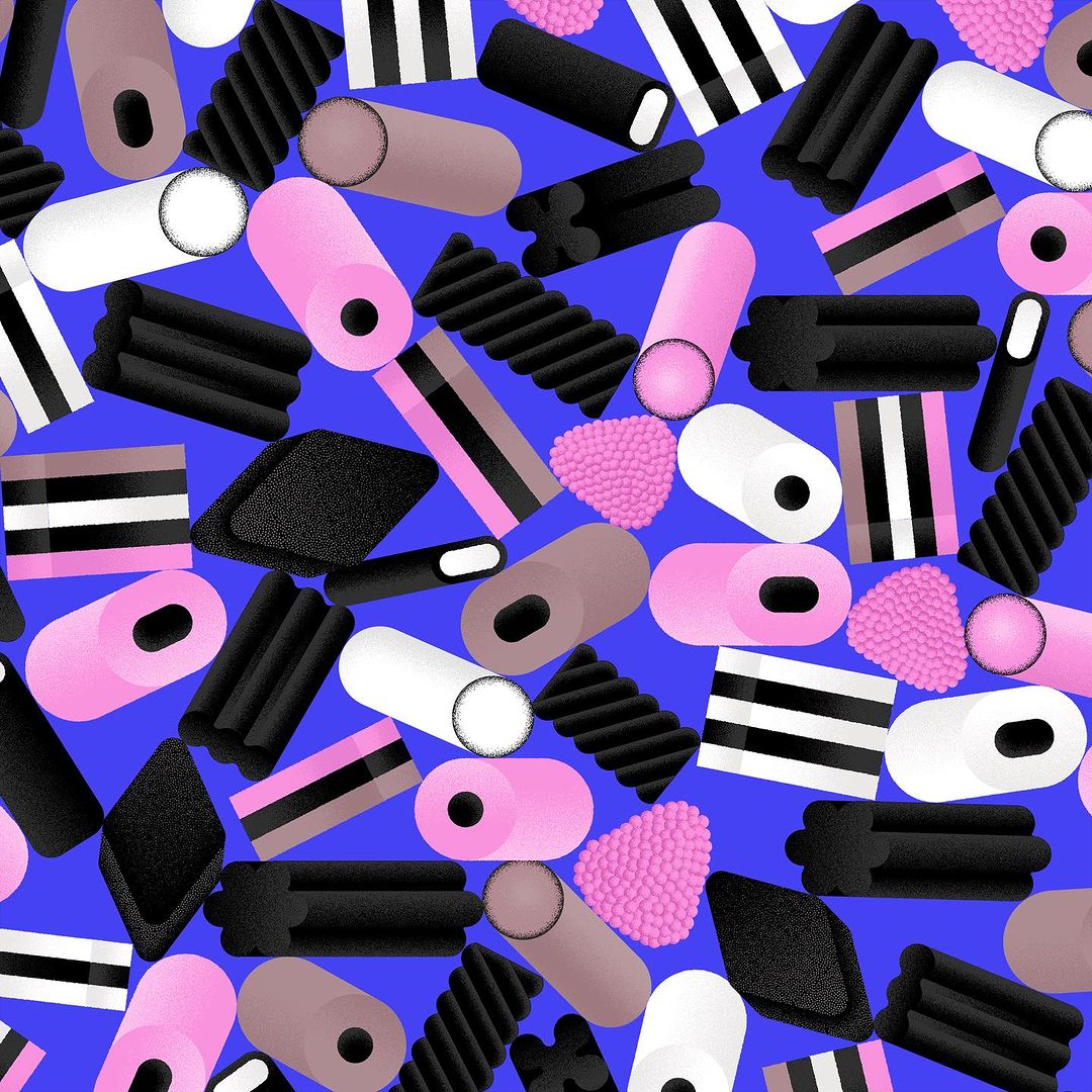 Seamless pattern of licorice candy with pink, white, and black cylinders, rectangles, and polygonal shapes on a vibrant blue background.