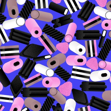 Seamless pattern of licorice candy with pink, white, and black cylinders, rectangles, and polygonal shapes on a vibrant blue background.