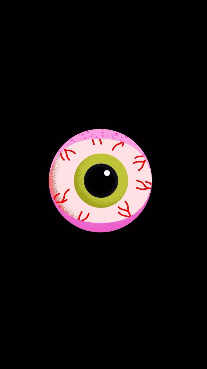 Illustration of a cartoon eyeball with a light green iris, red capillaries, and pink textured skin on a stark black background.