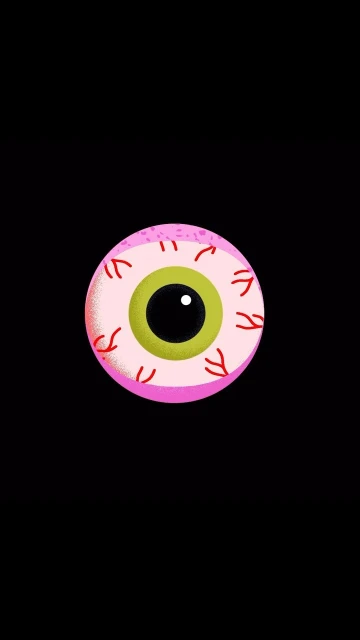 Illustration of a cartoon eyeball with a light green iris, red capillaries, and pink textured skin on a stark black background.