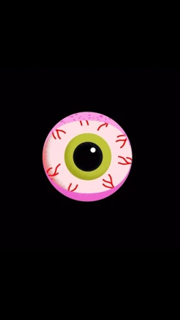 Illustration of a cartoon eyeball with a light green iris, red capillaries, and pink textured skin on a stark black background.