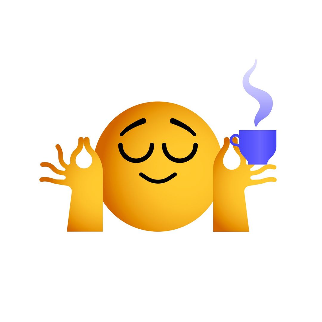 Emoji with a calm expression holds a blue cup with steam, in a meditation pose. Yellow emoji with hands, on a white background.