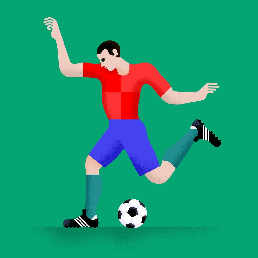 Illustration of a soccer player kicking a soccer ball on a green background, showcasing a dynamic pose and sports theme.