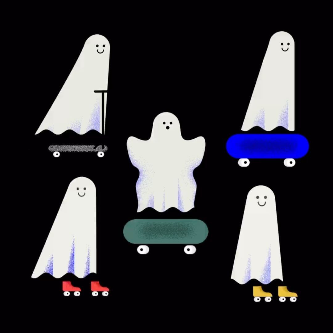 Five cartoon ghosts on skateboards and roller skates against a black background in this graphic illustration.