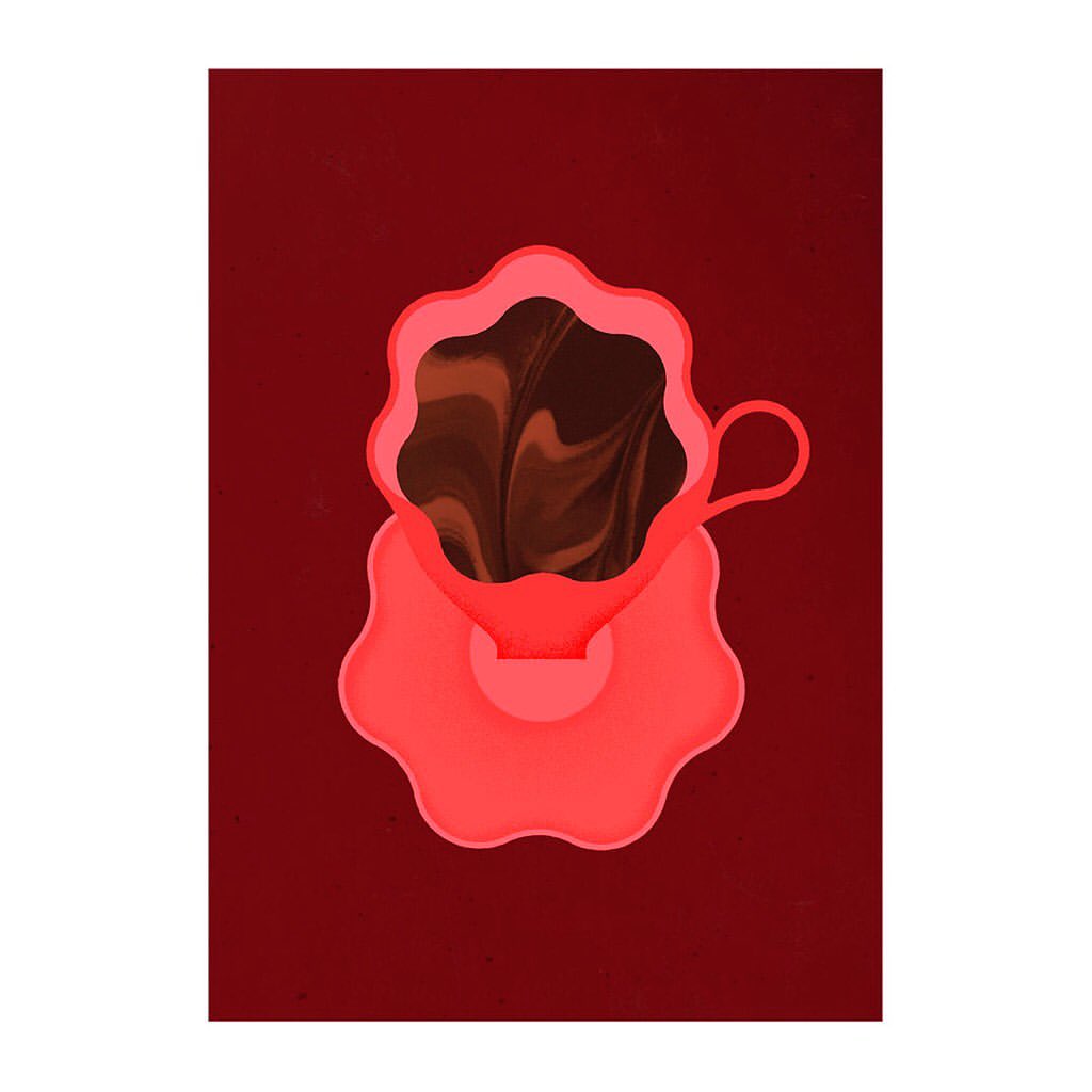 Illustration of coffee cup with swirling brown liquid on matching saucer, against dark red background.