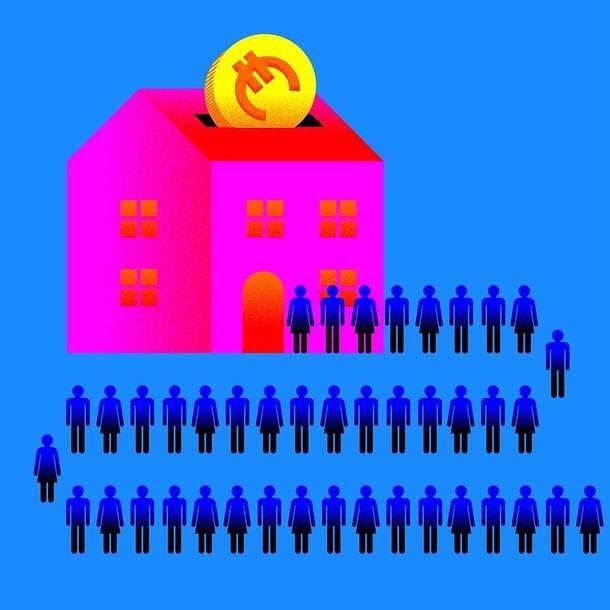 Illustration of a pink house with a coin being inserted, followed by a line of blue people figures on a blue background.