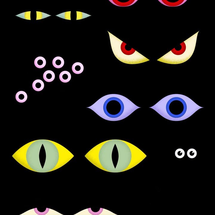 Eye illustrations in yellow, red, blue, green, and purple set on a black background, graphic design concept for spooky season.