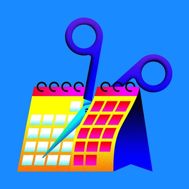 Illustration of blue scissors cutting into a colorful calendar on a blue background, creating a visually striking and symbolic image.