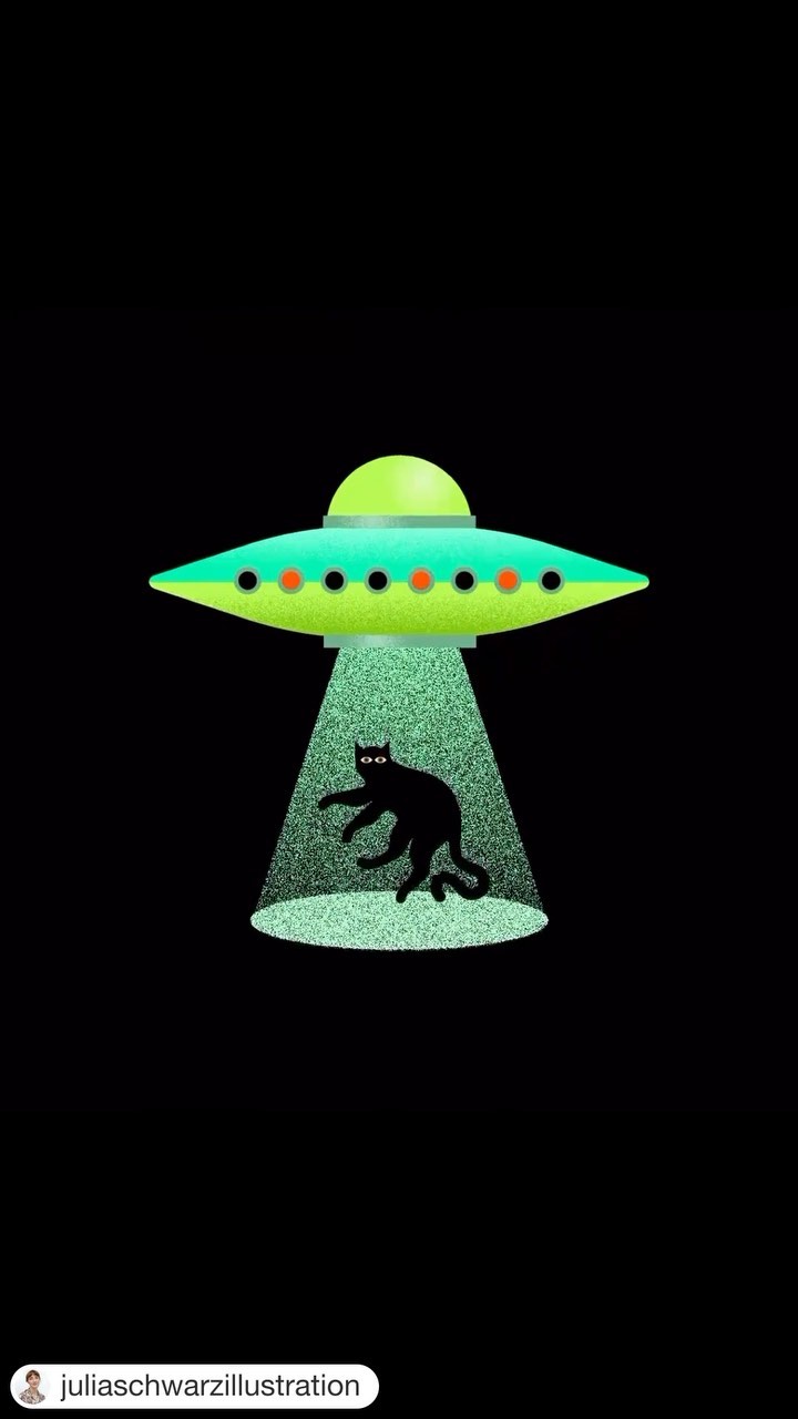 Illustration of a black cat being abducted by a green UFO with a glowing green beam against a stark black background.
