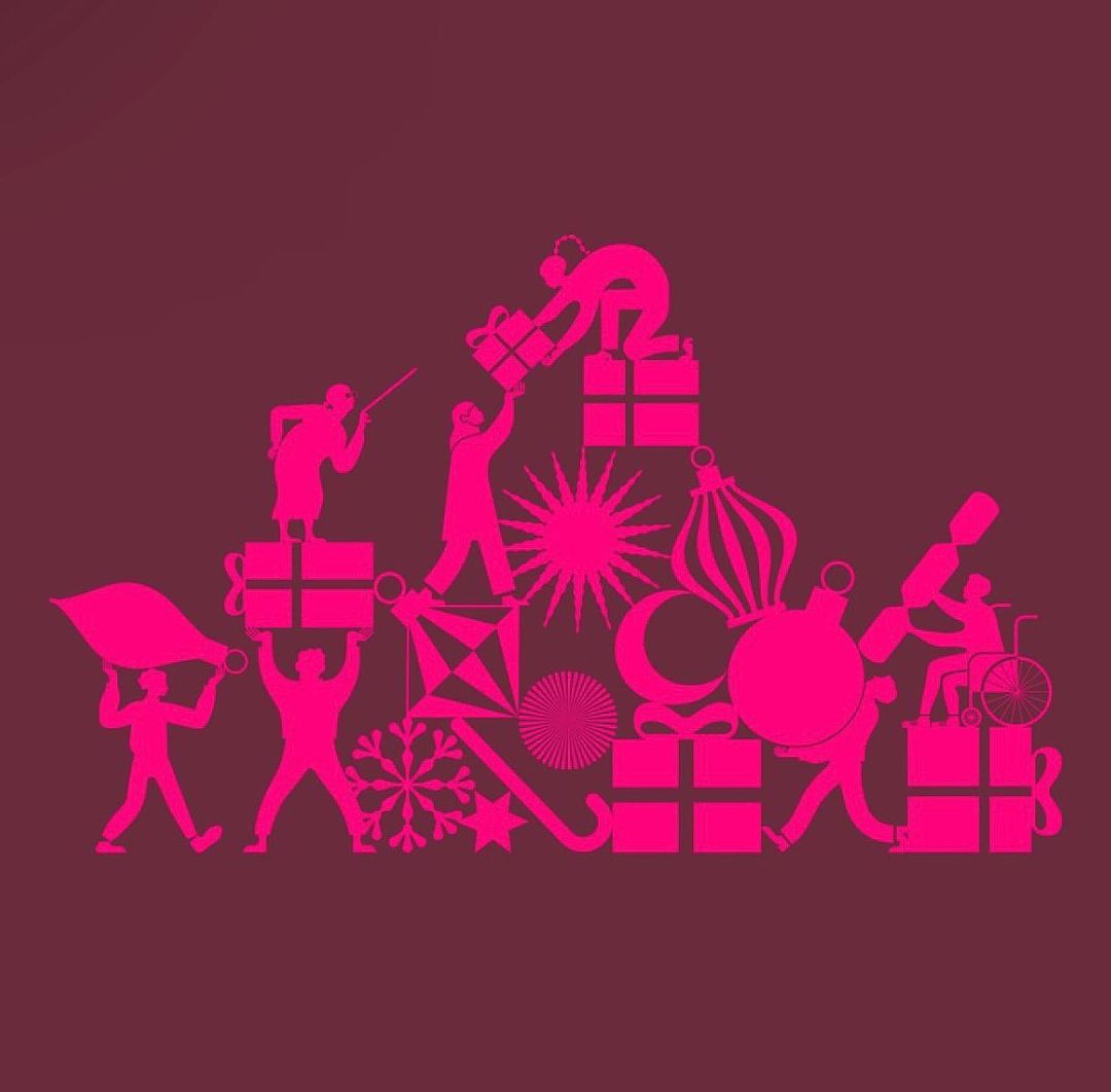 Graphic illustration of a group of people passing presents and assembling decorations, silhouetted in pink against a dark background.