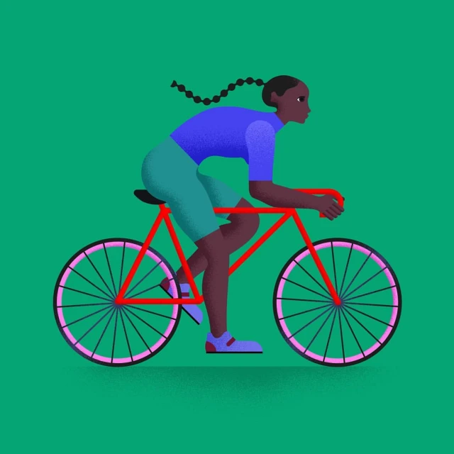 Illustration of an athletic Black woman riding a bicycle, depicted in profile, with a vibrant green backdrop.