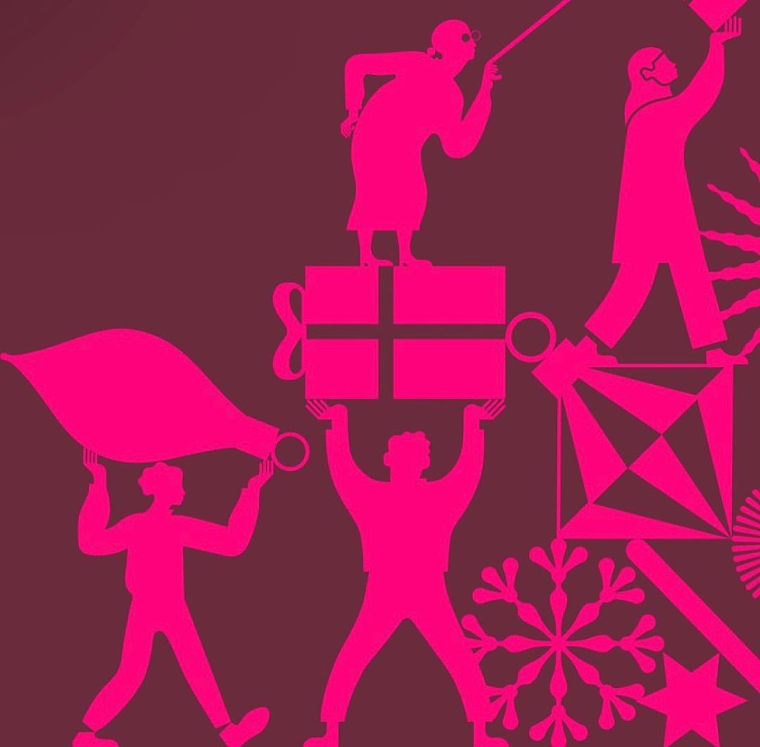 Festive AI illustration of figures lifting gifts and decorations against a burgundy backdrop, showcasing stylized holiday cheer.
