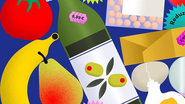 Illustration of a bottle of olive oil, eggs, a tomato, a pear, and a banana on a blue background with price tag stickers.