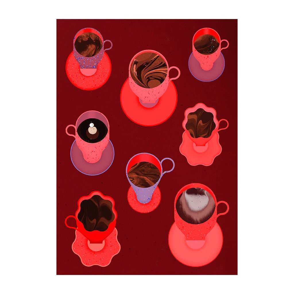 Abstract art of coffee cups and saucers with different designs in shades of red, pink, and purple on a deep red background.