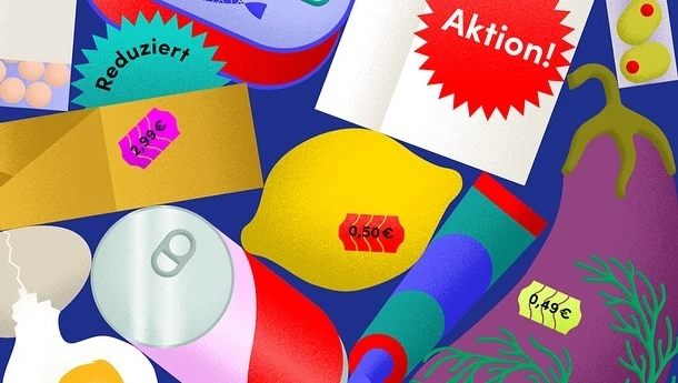 Illustration of grocery items including a lemon, eggplant, can, and eggs with sale price tags on a blue background.