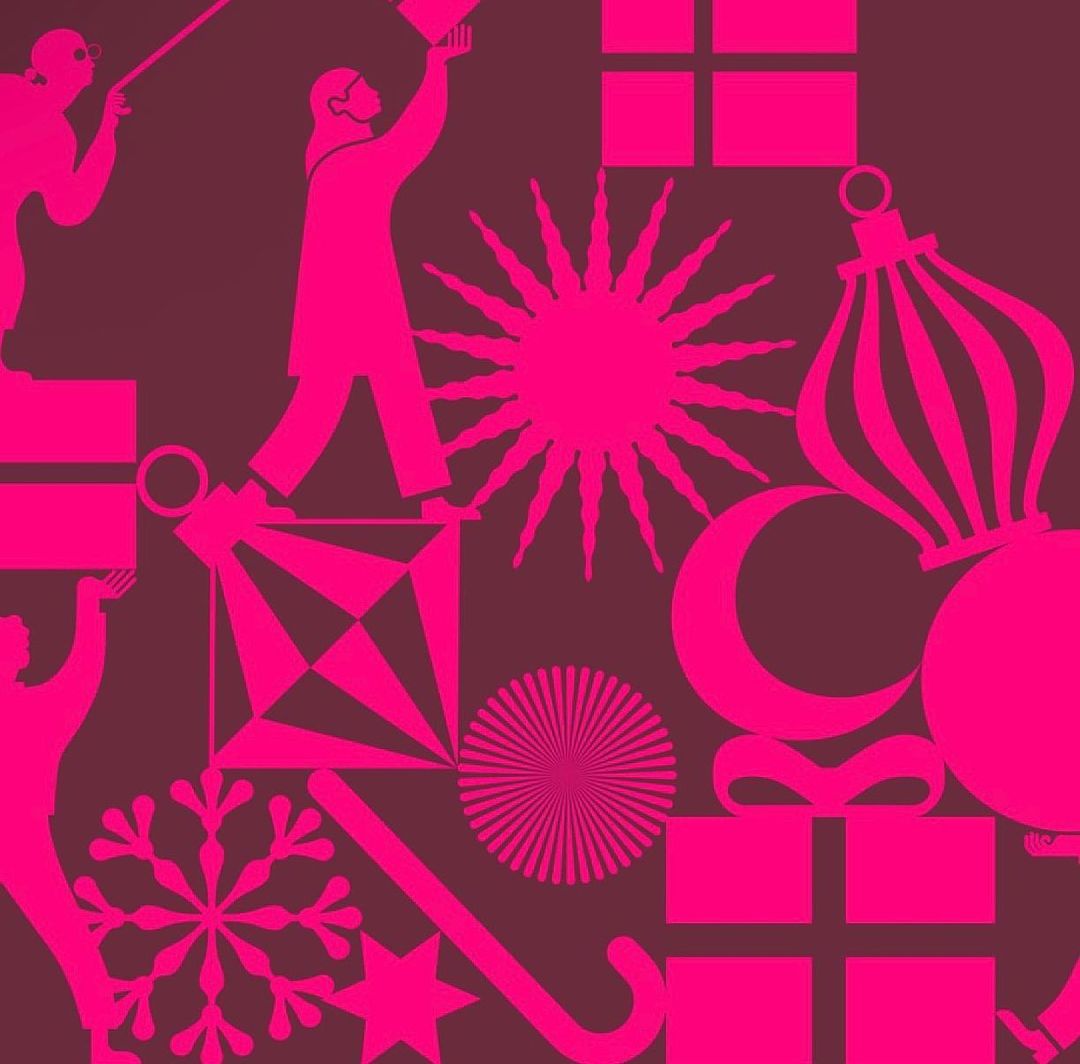Patterned illustration with pink silhouettes of people, stars, snowflakes, and Christmas ornaments on a brown background. 