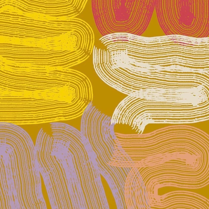 Abstract digital illustration featuring concentric layered yellow, pink, and cream curved lines on a dark gold background
