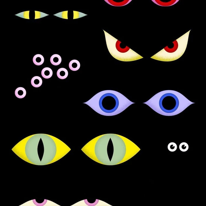 Digital illustration of various glowing eyes in different shapes and colors scattered against a solid black background.