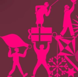Pink stylized figures and holiday ornaments on a dark purple background in a digital illustration by Julia Schwarz