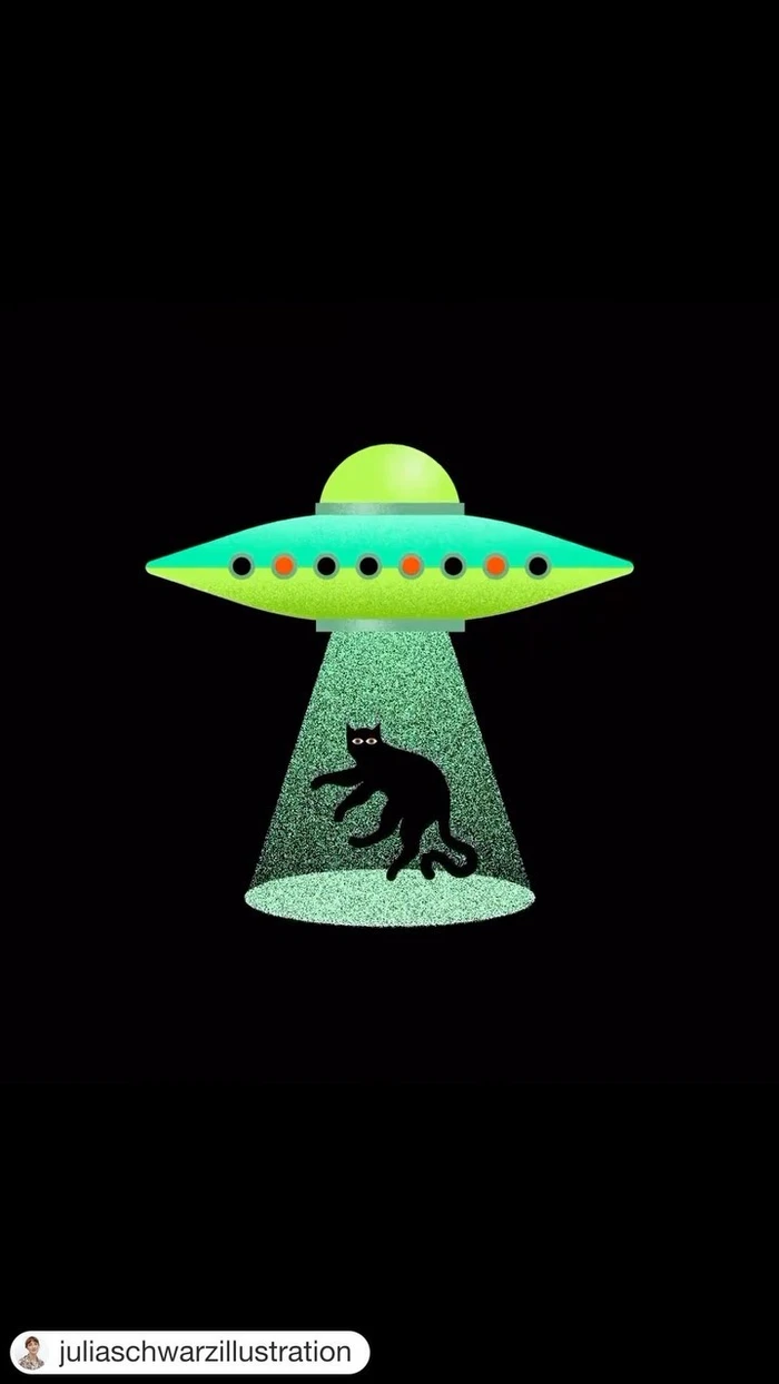 An illustrated green UFO casting a beam of light downward capturing a black cat against a black background.