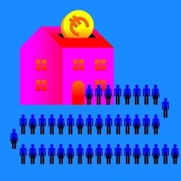 Digital illustration by Julia Schwarz showing a large pink house with a giant euro coin inserted into the roof slot, with a queue of people.