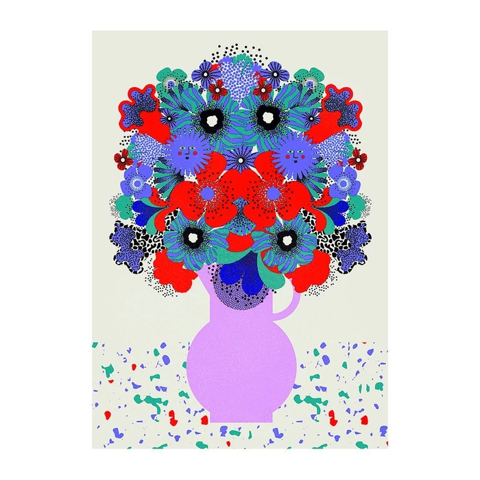 Digital floral illustration by Julia Schwarz featuring a bouquet in a pink vase on a patterned surface against a light background.