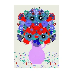 Digital floral illustration by Julia Schwarz featuring a bouquet in a pink vase on a patterned surface against a light background.