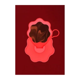 Digital illustration of a coral pink scalloped teacup and saucer filled with dark marbled coffee on a deep burgundy background