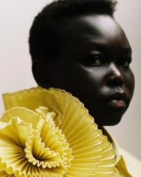 Portrait of a Black woman with short dark hair wearing a yellow pleated ruffled collar garment