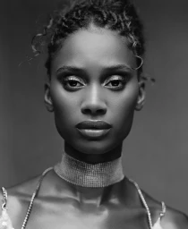 Close-up portrait of a woman wearing a sparkling rhinestone choker necklace against a dark neutral background