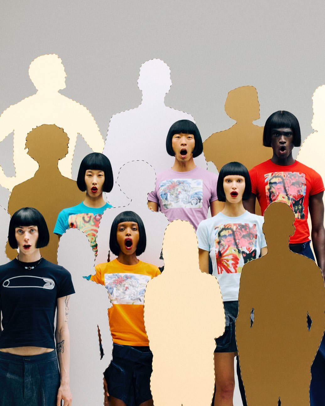 Group of young adults with bowl cut hairstyles and printed t-shirts, posed against a gradient grey backdrop, with human silhouette cutouts.