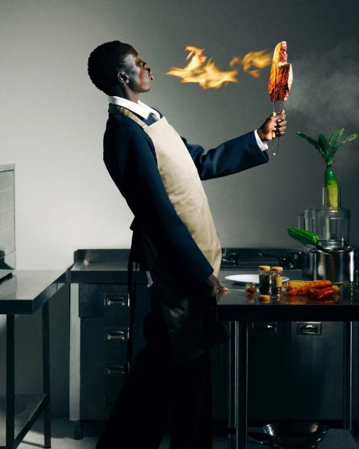 An adult male blowing fire over food held on a metal skewer in a commercial kitchen with metal counters and stainless steel appliances.