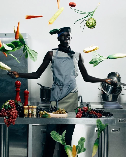 Man in chef's hat and apron surrounded by floating vegetables in a commercial kitchen with stainless steel surfaces and assorted spices and grapes.