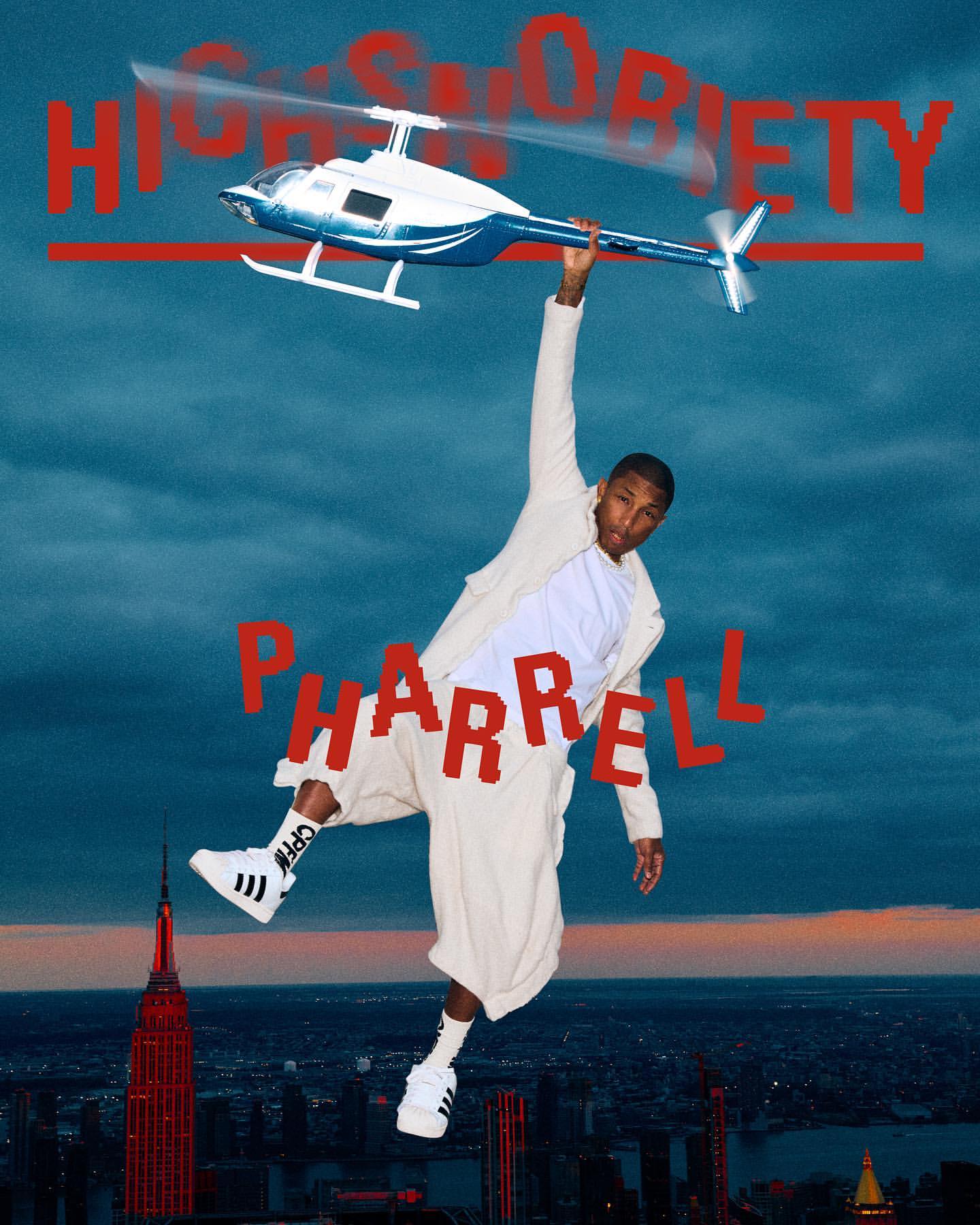Pharrell Williams seemingly suspended above a cityscape holding a helicopter, wearing white outfit and sneakers against a cloudy sky.