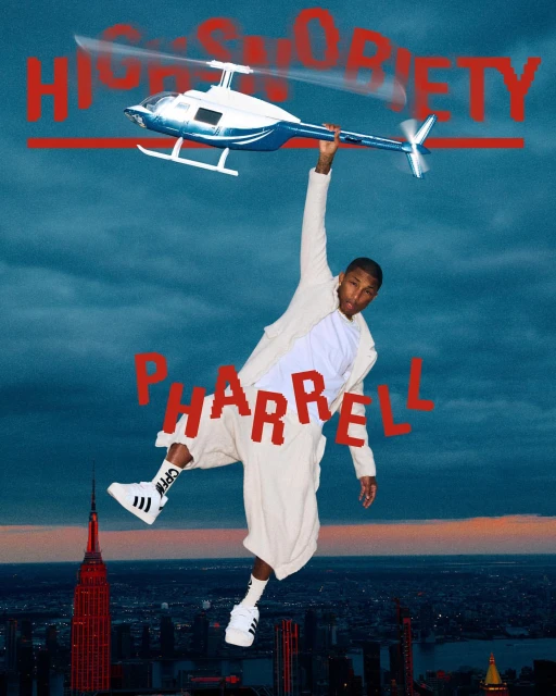 Pharrell Williams seemingly suspended above a cityscape holding a helicopter, wearing white outfit and sneakers against a cloudy sky.