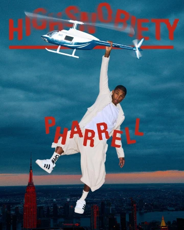 Pharrell Williams seemingly suspended above a cityscape holding a helicopter, wearing white outfit and sneakers against a cloudy sky.