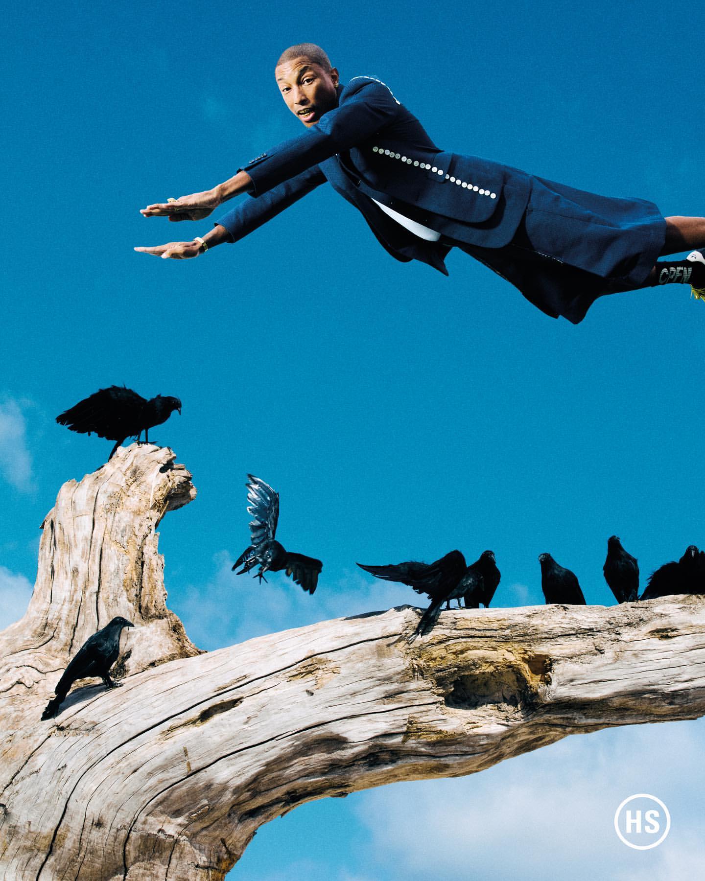 Pharrell Williams in mid-air wearing a navy suit with crows perched on a weathered branch against a bright blue sky. Fashion editorial.