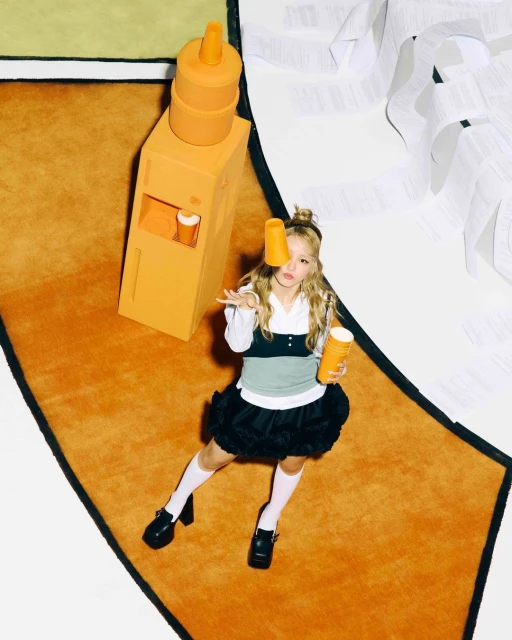 Young woman in playful studio shot balances orange cups while standing on a carpet next to a toy refrigerator, styled with white tights and chunky shoes.
