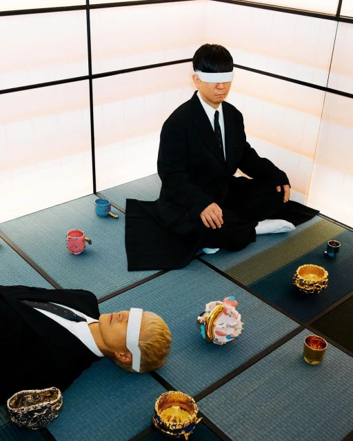 Two Asian people in suits with white blindfolds are on a tatami mat in front of a wall panel with geometric black accents.