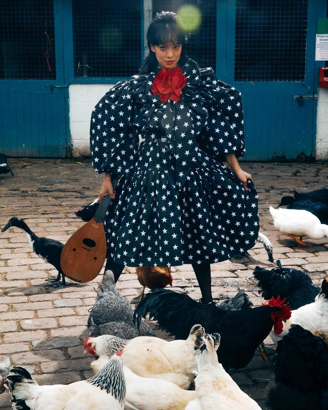 Woman in a star-patterned dress standing amidst chickens in a brick-paved farmyard, holding a stringed instrument with a barn door behind.