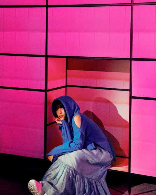 Young adult woman with bangs wearing a blue hooded sweatshirt and skirt sitting in front of a modern, pink geometric background.